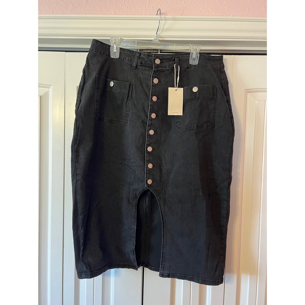 Flamingals Womens Black Denim Button Front Midi Skirt Front Slit Plus Size XXXL